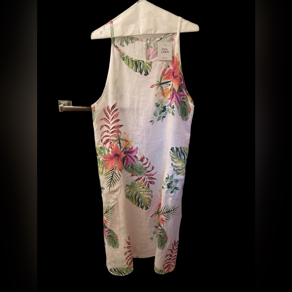 100% LINEN DRESS ITALIAN MADE SIZE M WHITE WITH FLOWERS